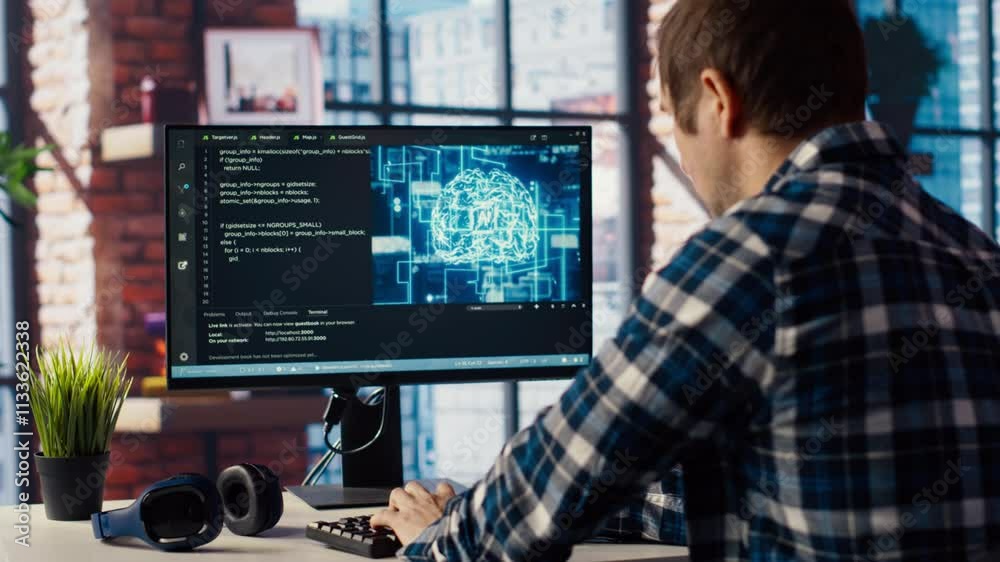 Developer writing code on computer and doing maintenance on artificial intelligence neural networks computerized model. Tech support expert typing on keyboard, doing checkup on AI systems, camera B Developer writing code on computer and doing maintenance on artificial intelligence neural networks computerized model. Tech support expert typing on keyboard, doing checkup on AI systems, camera B