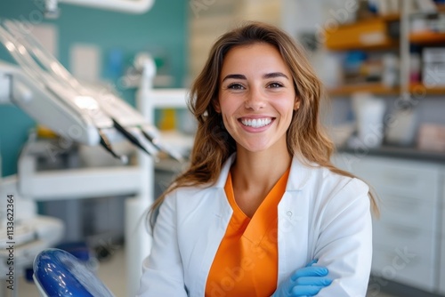 A female dentist wearing a white coat and orange scrubs stands smiling in a modern dental office, embodying professionalism and friendliness.
