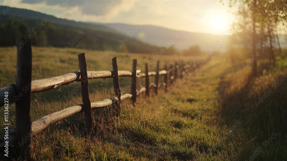 Obraz premium Serene countryside landscape with wooden fence at sunset near rolling hills and fields
