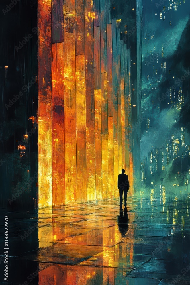 A Lone Figure Standing Before a Futuristic, Surreal Cityscape Illuminated with Vivid Colors and Abstract Architectural Elements in a Misty Atmosphere A Lone Figure Standing Before a Futuristic, Surreal Cityscape Illuminated with Vivid Colors and Abstract Architectural Elements in a Misty Atmosphere