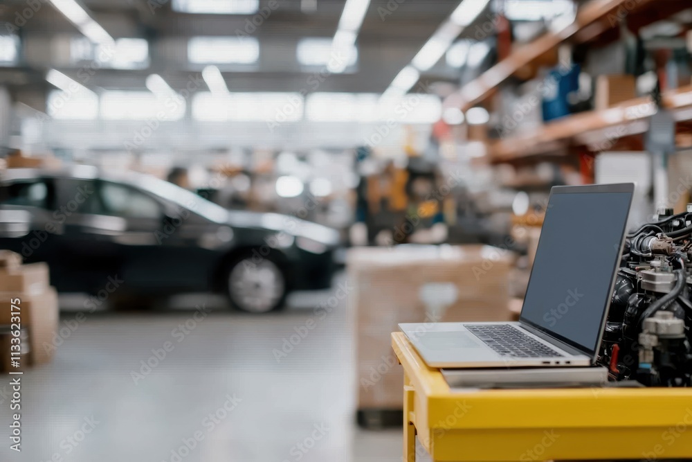 In a car workshop, a modern laptop is neatly placed on a table, symbolizing the blend of traditional car repair and contemporary digital technology.