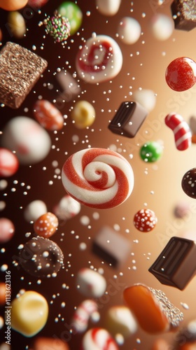A joyful collection of candies, including spiral mints and chocolates, swirl against a rich brown background, celebrating cheerfulness and artistic imagination.