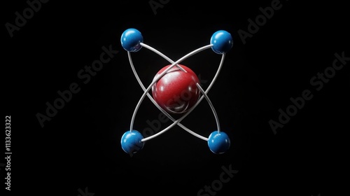 3D rendering of an atom model with a red nucleus and four blue electrons orbiting it on a black background.