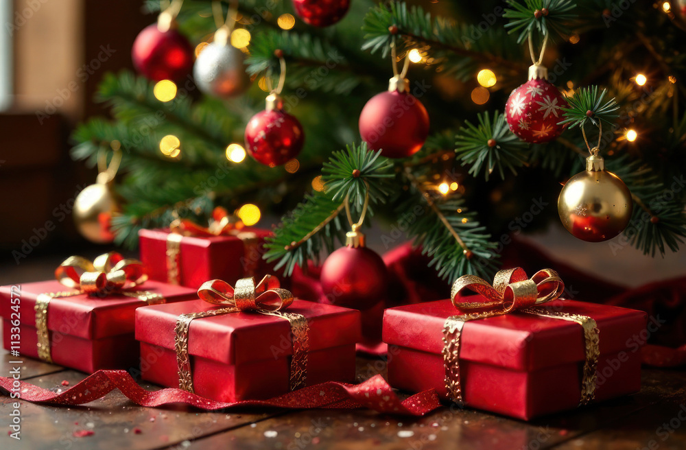 Red boxes with gifts stand under the Christmas tree. Magical New Year mood. Red boxes with gifts stand under the Christmas tree. Magical New Year mood.