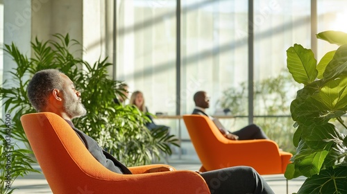 Modern office space filled with natural light. People sit in vibrant orange chairs. Rich green plants add touch of nature. Relaxing atmosphere in open plan office. Business people rest. Eco-friendly, photo