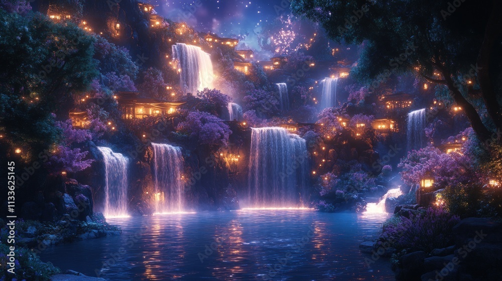 Fototapeta premium Enchanted village nestled in waterfalls, glowing lights.