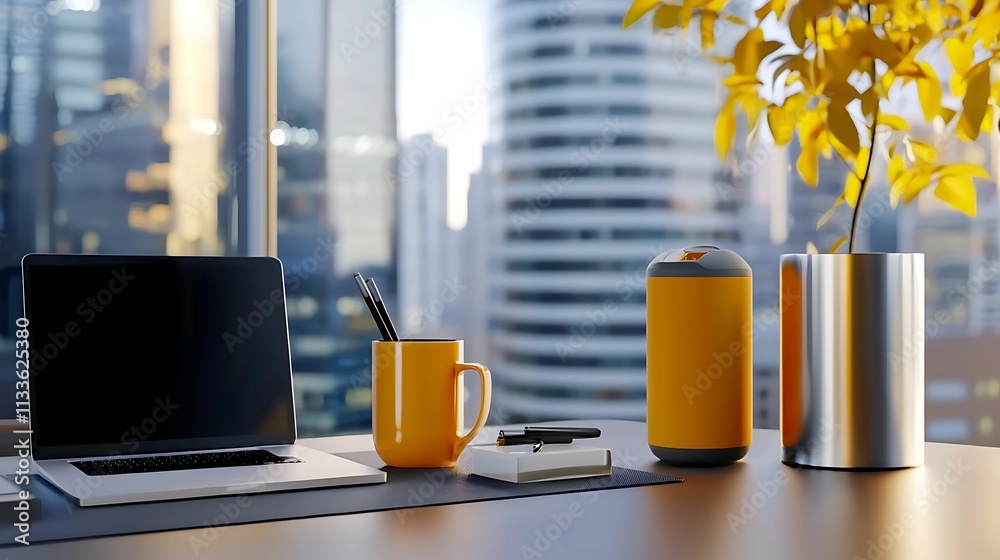 A modern workspace featuring a laptop, yellow mug, speaker, and plant, set against a backdrop of skyscrapers and city life.