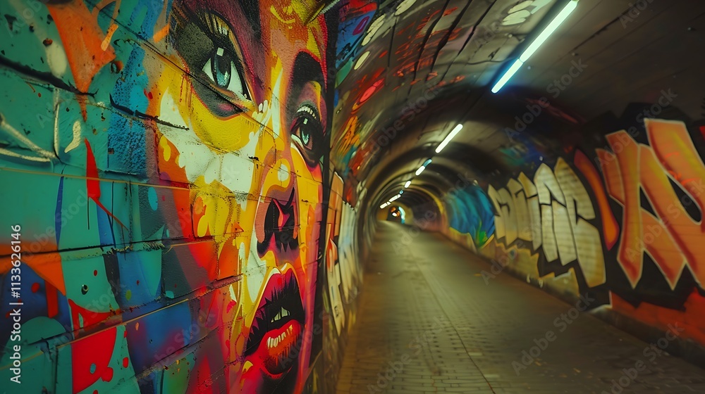 Fototapeta premium Urban Art on a Pedestrian Tunnel: A Bold Display of Graffiti, Intricate Patterns, and Vivid Colors That Transforms an Ordinary Passage into a Dynamic Artistic Experience