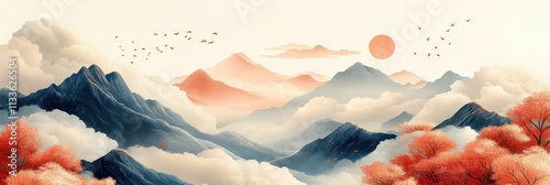 Tranquil Mountain Landscape under Clear Sky, with Calm Water Foreground and Cherry Blossom Petals, for Stock Photography