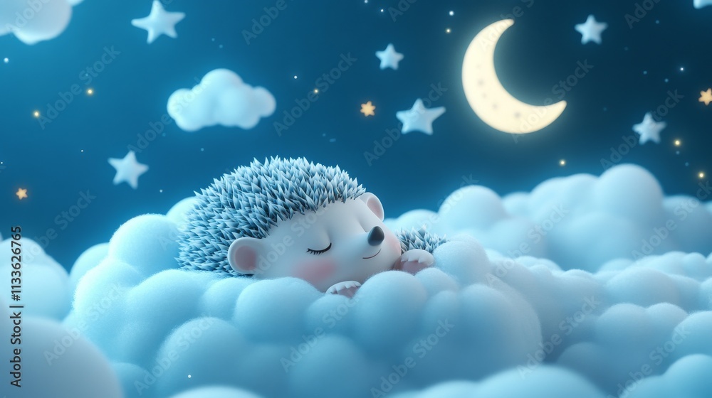 Obraz premium A cute white hedgehog rests on soft, fluffy clouds beneath a glowing crescent moon. The soft blue tones and starry sky make this 3D animated scene perfect for children's sleep or dream-related content