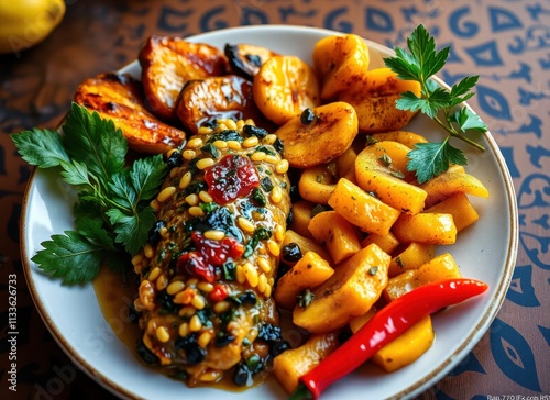 white plate topped with a delicious-looking chicken cacciatore traditional italian dish covered in flavorful sauce and garnished fresh coriander leaves the is placed on table lemon beside it addi photo