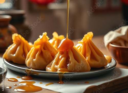 plate of chinese dumplings with caramel sauce being poured over them sitting on a table bowls and other objects in the background is slightly blurred giving image dreamy feel photo