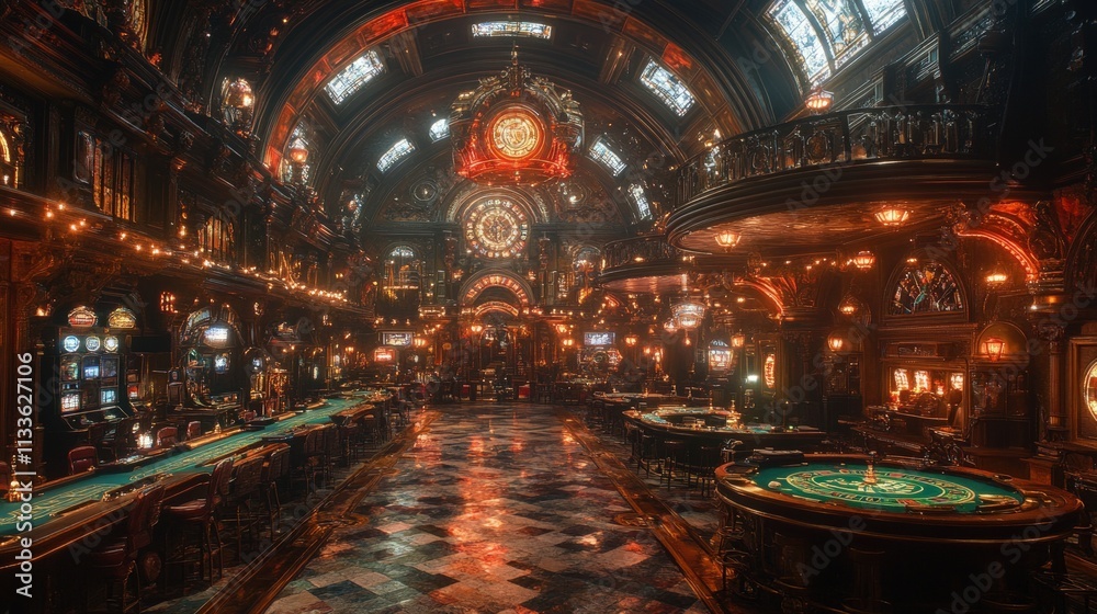 Obraz premium Opulent casino interior, ornate, gambling tables.
