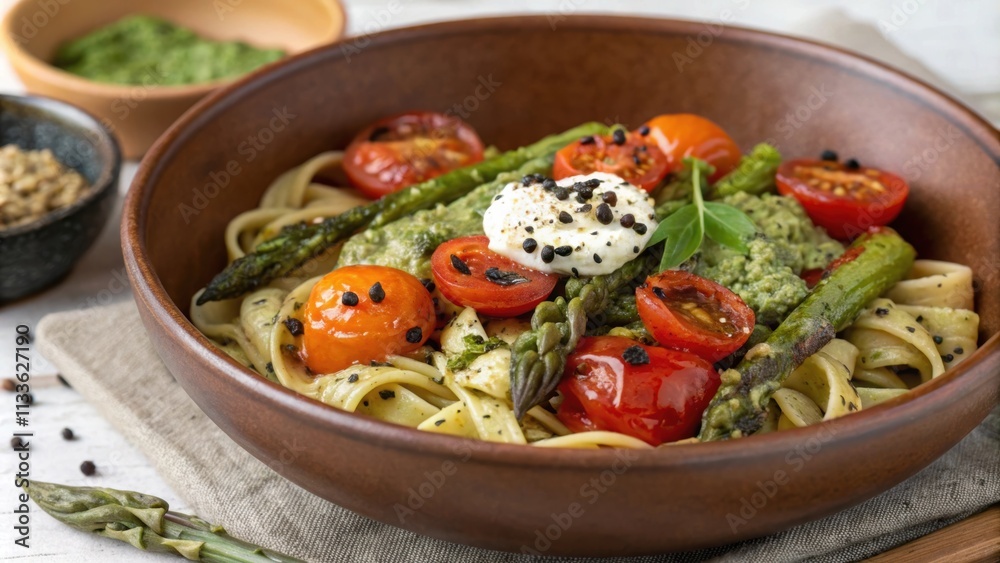 A deep earthy bowl filled with rustic lentil pasta takes center stage accentuated with a colorful array of roasted cherry tomatoes and charred asparagus tips. Bright dollops A deep earthy bowl filled with rustic lentil pasta takes center stage accentuated with a colorful array of roasted cherry tomatoes and charred asparagus tips. Bright dollops
