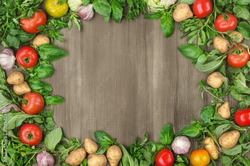 Fresh vegetables and herbs arranged on a wooden surface for a colorful culinary preparation Fresh vegetables and herbs arranged on a wooden surface for a colorful culinary preparation
