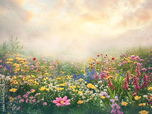 A field of colorful wildflowers with a layer of mist and rising heatwaves in the background, blending warmth and beauty 