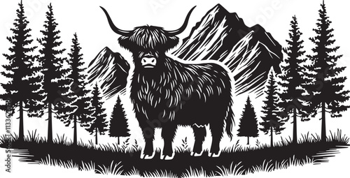 A Highland Cow standing against a backdrop of mountains and trees vector silhouette