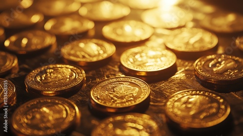 Golden coins on a table, close up, focus on, copy space, vibrant gold tones, double exposure silhouette with financial growth