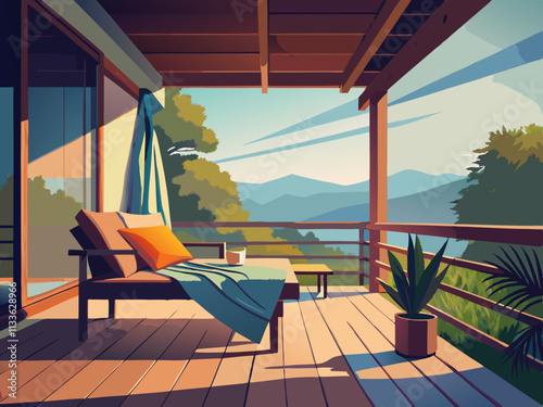 colorful illustration of a cozy corner of a veranda with a simple bench and a blanket draped over it.