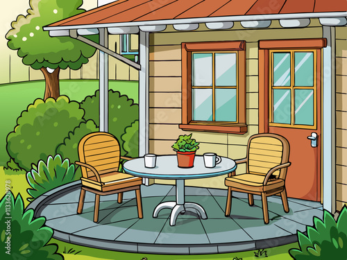 colorful illustration of a cozy Scandinavian-style porch with a small round table and chairs for morning coffee.