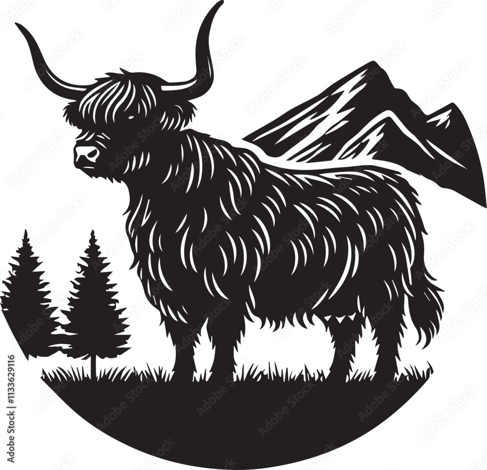 Obraz premium A Highland Cow standing against a backdrop of mountains and trees vector silhouette