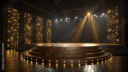 spotlight on stage wooden Gold bokeh awards glamour background , made with Generative AI