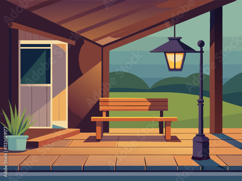 colorful illustration of a minimalist porch with a small wooden bench and a lantern-style light fixture.