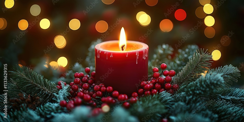 Christmas candle glows softly surrounded by green branches, red berries. Warm festive ambiance created by candlelight. Holiday decoration features festive elements. Cozy winter scene. Rustic style Christmas candle glows softly surrounded by green branches, red berries. Warm festive ambiance created by candlelight. Holiday decoration features festive elements. Cozy winter scene. Rustic style