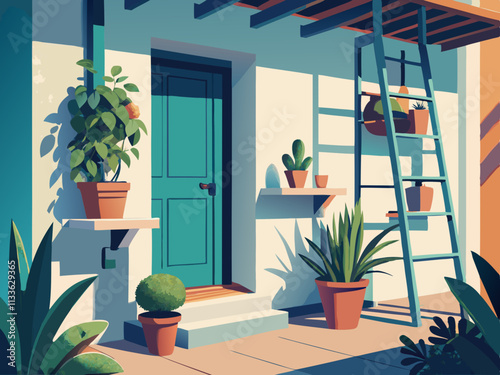 colorful illustration of a porch featuring a ladder shelf with neatly arranged plants and decorative items.