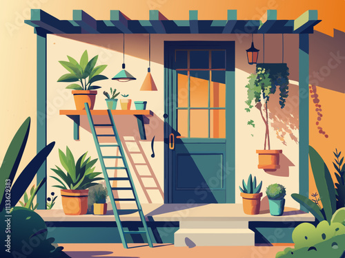 colorful illustration of a porch featuring a ladder shelf with neatly arranged plants and decorative items.