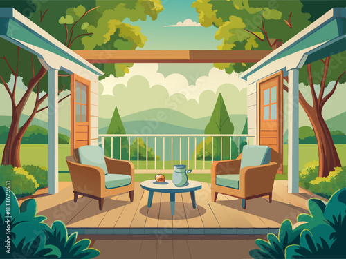 colorful illustration of a porch with a small coffee table and two cushioned chairs, facing a peaceful yard.