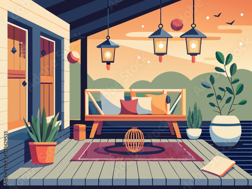 colorful illustration of a Scandinavian porch with a soft outdoor rug, lanterns, and a simple bench.