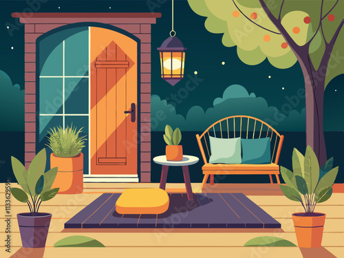 colorful illustration of a Scandinavian porch with a soft outdoor rug, lanterns, and a simple bench.