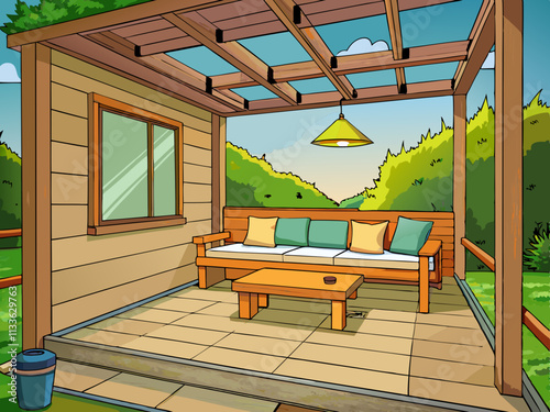 colorful illustration of a Scandinavian-style veranda with light wood paneling and simple hanging lights. 