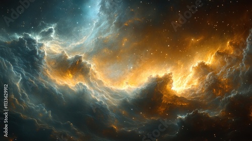 Cosmic clouds, gold and teal, starry expanse.