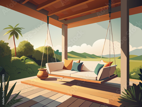 colorful illustration of a veranda featuring a simple wooden swing adorned with neutral-colored cushions.