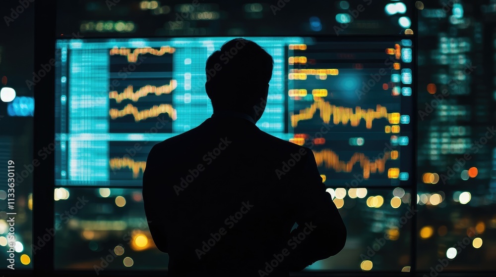 Stock market graphs on screen, close up, focus on, copy space, crisp and vivid display, double exposure silhouette with trading analysis Stock market graphs on screen, close up, focus on, copy space, crisp and vivid display, double exposure silhouette with trading analysis