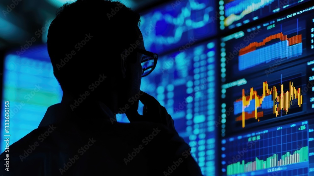 Stock market graphs on screen, close up, focus on, copy space, crisp and vivid display, double exposure silhouette with trading analysis Stock market graphs on screen, close up, focus on, copy space, crisp and vivid display, double exposure silhouette with trading analysis