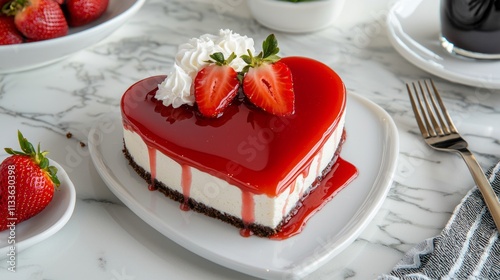 A delightful heart-shaped cheesecake with a graham cracker crust, topped with a layer of strawberry glaze and fresh whipped cream