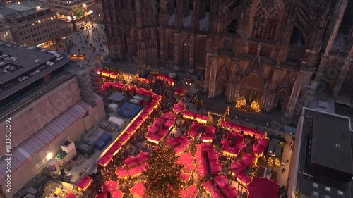 Christmas market near to Cologne Cathedral, evening Weihnachtsmarkt, Koelner Dom in Cologne, Germany, Aerial Winter Shot