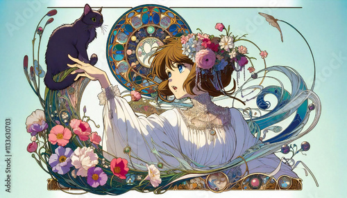 A cel-style illustration of a cat and a girl.generated by AI.