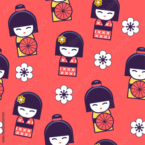 kokeshi dolls cartoon vector seamless pattern. Background for textile, print, wallpaper, cover