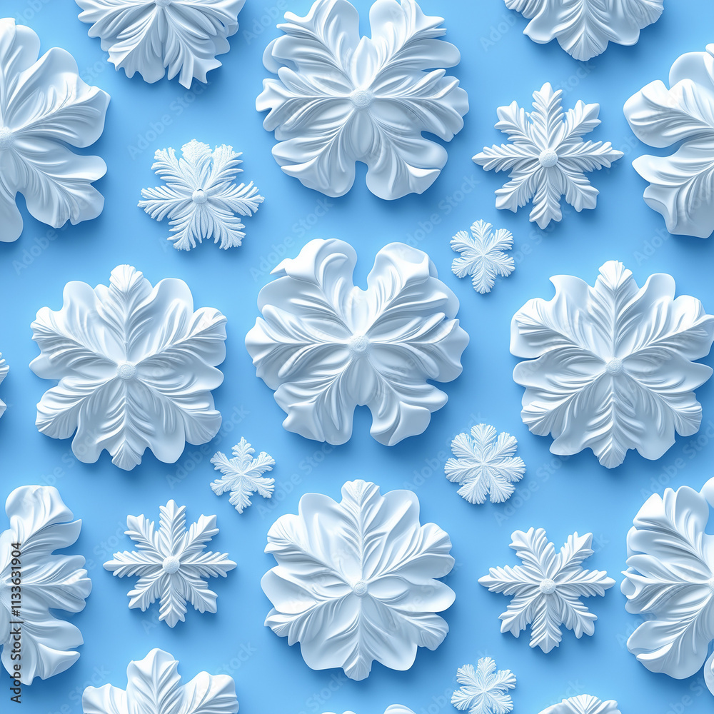Seamless pattern of white snowflakes embossed on a light blue background Seamless pattern of white snowflakes embossed on a light blue background