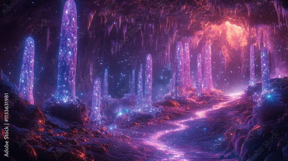 Glowing crystal cave, magical, ethereal. Glowing crystal cave, magical, ethereal.