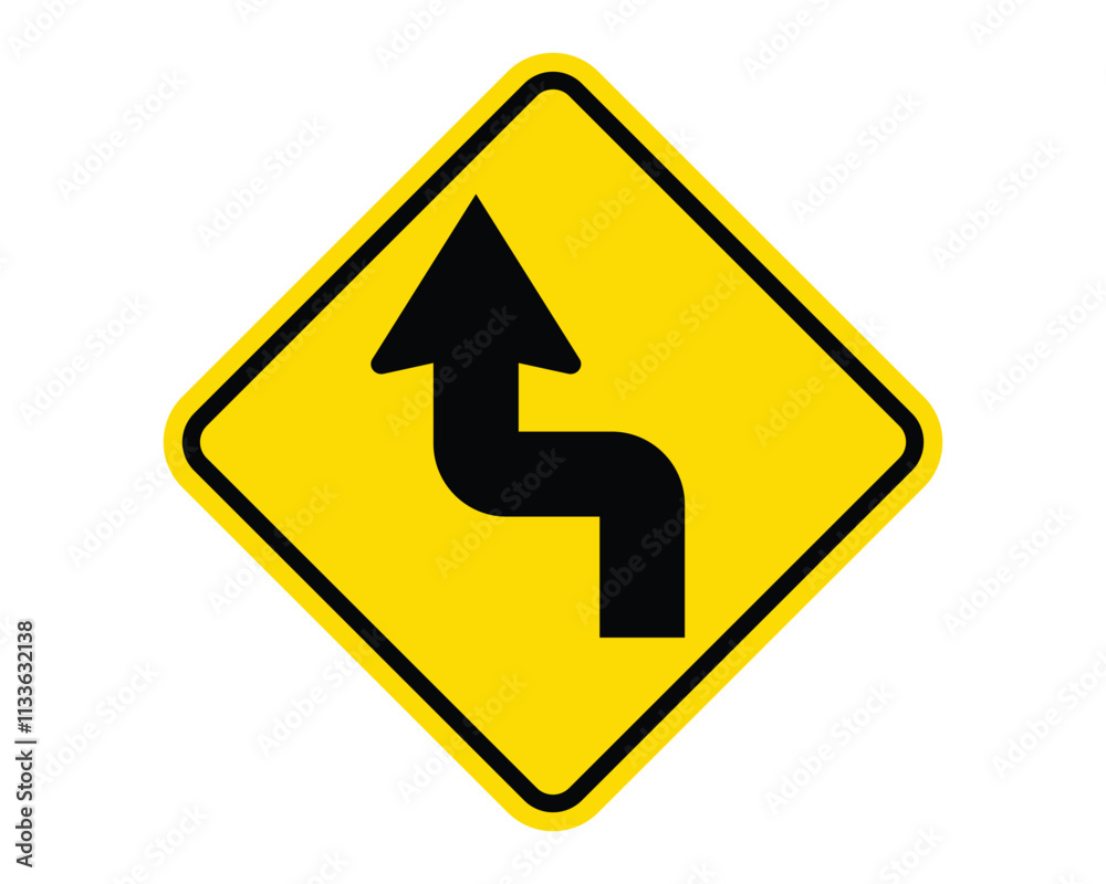 Left Reverse Turn Ahead Warning Sign Featuring a Yellow Diamond Shape with Black Reverse S-Curve Arrow, Indicating an Upcoming Left Reverse Turn, Available as a Vector File Left Reverse Turn Ahead Warning Sign Featuring a Yellow Diamond Shape with Black Reverse S-Curve Arrow, Indicating an Upcoming Left Reverse Turn, Available as a Vector File