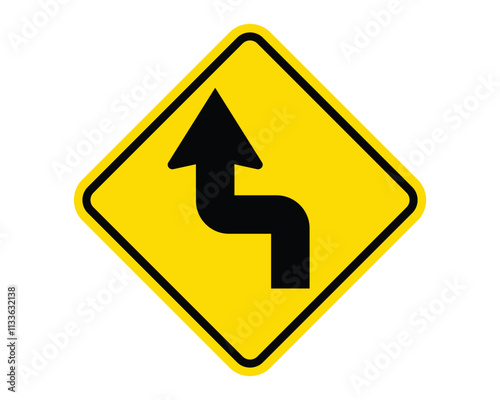 Free Download Left Reverse Turn Ahead Warning Sign Featuring a Yellow Diamond Shape with Black Reverse S-Curve Arrow, Indicating an Upcoming Left Reverse Turn, Available as a Vector File - GFXLoad