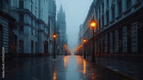 Empty city street at night. Tall buildings line both sides. Wet pavement reflects warm light from lamps. Misty atmosphere. Urban scene. Quiet and tranquil.