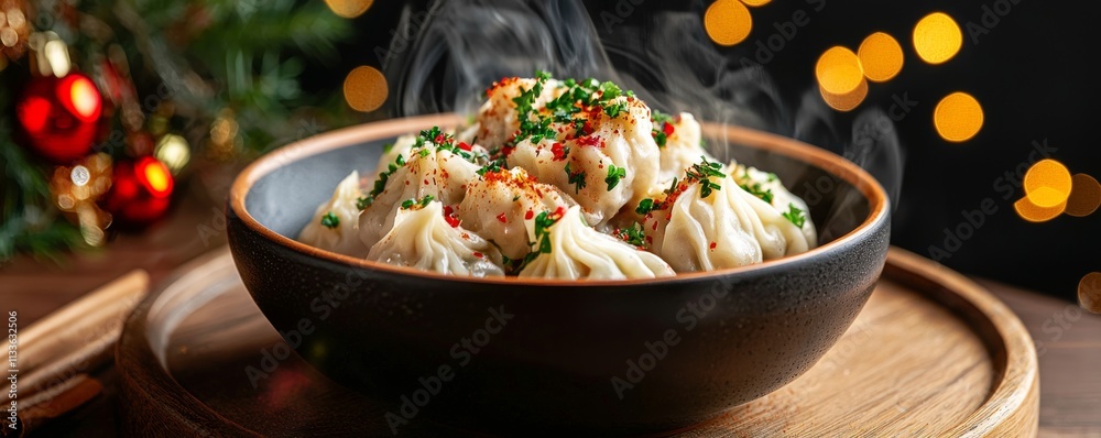 Delicious steaming dumplings served in a rustic bowl with festive holiday decorations nearby Delicious steaming dumplings served in a rustic bowl with festive holiday decorations nearby