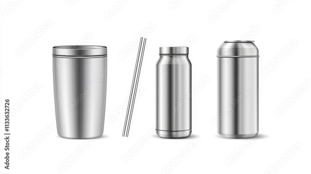72.Front view vector mockup of stainless steel reusable containers, including a tumbler, insulated water bottle, and metal straw, each item depicted with realistic metallic textures and detailing, on 72.Front view vector mockup of stainless steel reusable containers, including a tumbler, insulated water bottle, and metal straw, each item depicted with realistic metallic textures and detailing, on