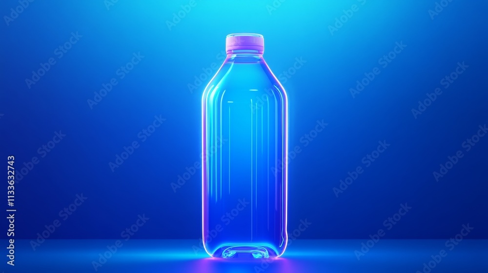 112.Neon-style water bottle icon illuminated in intense blue tones, isolated on a gradient blue background that fades to light blue at the top, adding depth and dimension. 112.Neon-style water bottle icon illuminated in intense blue tones, isolated on a gradient blue background that fades to light blue at the top, adding depth and dimension.